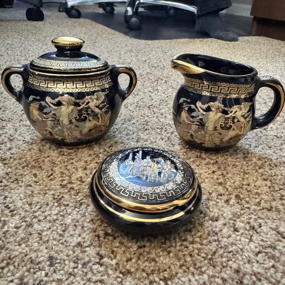 E.M. (Made in Greece) Other - Vintage Black & Gold Greek Scene Creamer & Sugar Bowl Set